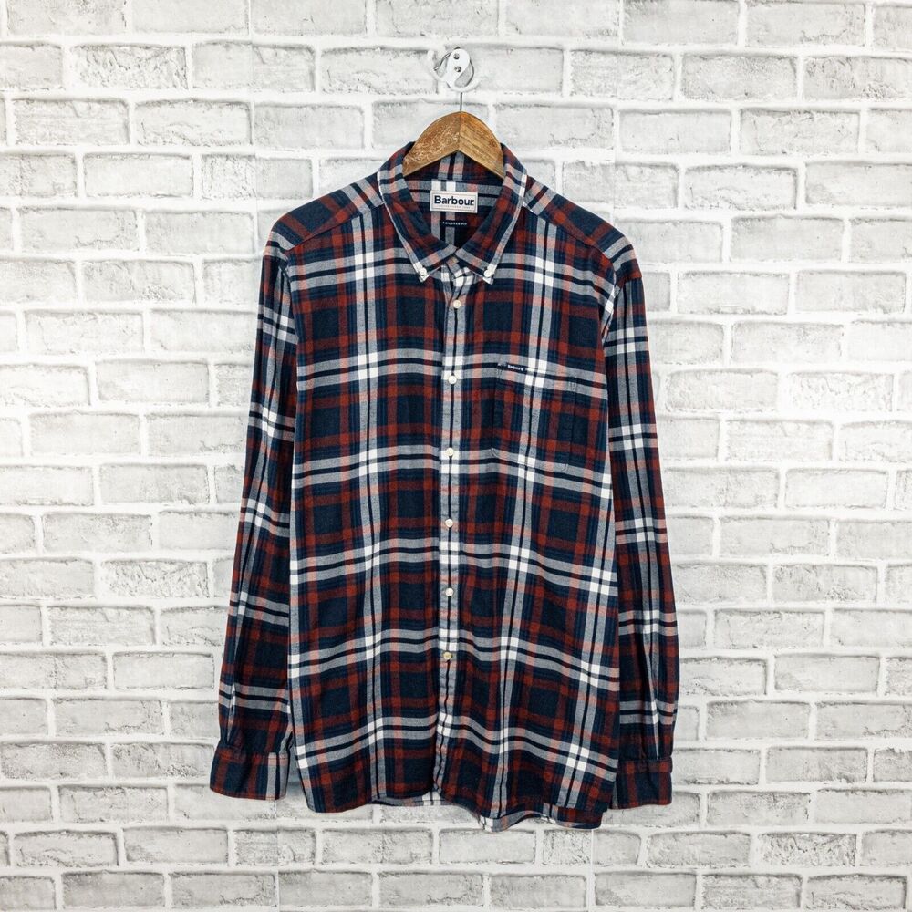 Barbour Men's Tailored fit Button Down Flannel Shirt Blue Red Paid cotton sz XL